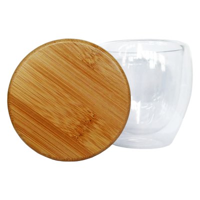 Imagen 3 de Vaso de vidrio doble pared con tapa de bamboo M7